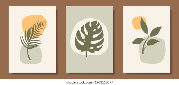 Collection of posters with abstract concepts and pastel colors. Plant leaves, Great design for social media, postcards, prints.