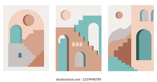 A collection of posters of abstract minimalist architecture with abstract buildings with arched doorways and windows for decoration. Abstraction.