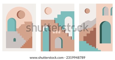 A collection of posters of abstract minimalist architecture with abstract buildings with arched doorways and windows for decoration. Abstraction. Zdjęcia stock © 