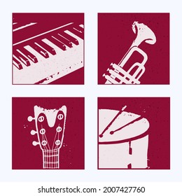 Collection of posters with abstract musical instruments. Piano, saxophone, guitar, drum. Vector illustration.