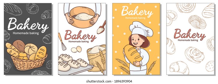 Collection of posters for the bakery. A woman baker with a loaf of bread, a wicker basket with bread and baking ingredients. Colorful vector illustration.