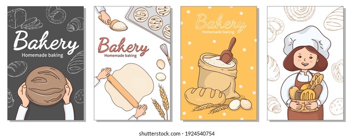 Collection of posters for the bakery. A woman baker with a basket of bread, hands with bread and baking ingredients. Colorful vector illustration.