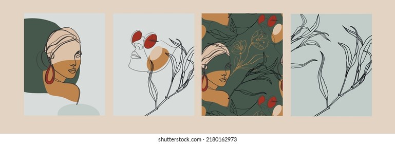 Collection posters. Banner with women and realistic botanical the seamless pattern. Set of vector illustrations.
