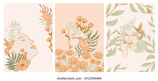 Collection of posters with beautiful Woman face portrait with plants and flowers in one line style. Blooming abstract Women. Minimalistic style. Vector illustration.