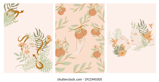 Collection of posters with beautiful Woman face portrait with plants and flowers in one line style. Blooming abstract Women. Minimalistic style. Vector illustration.