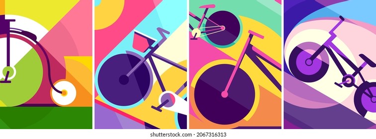 Collection of posters with bicycles. Placard designs in flat style.