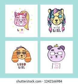 Collection of posters or birthday cards with kitten, puppy, cheetah and panda. Vector. Baby stickers.