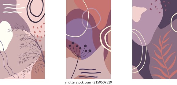 collection of posters boho style with doodle elements, curve shapes and plant