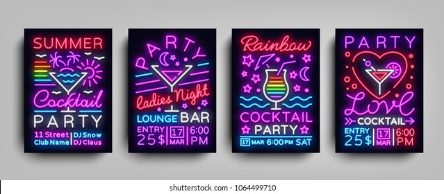 Collection posters Cocktail party neon. Flyer template design in neon style. Set flyers cocktail party invitation to dance, light banner bright brochure nightlife night neon. Vector illustration