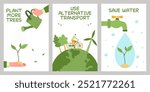 Collection of posters with concept of environmental protection. Save the Earth, plants, forests. Preserve ecology of the planet. Eco-friendly. Sustainable lifestyle. Natural resources. Green energy.