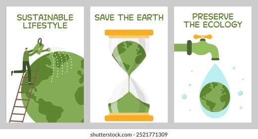Collection of posters with concept of environmental protection. Save the Earth, plants, forests. Preserve ecology of the planet. Eco-friendly. Sustainable lifestyle. Natural resources. Green energy.