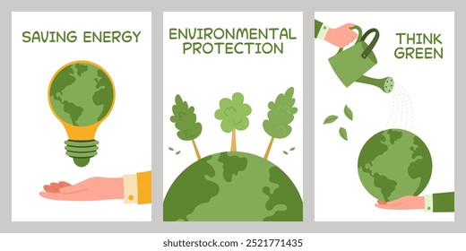 Collection of posters with concept of environmental protection. Save the Earth, plants, forests. Preserve ecology of the planet. Eco-friendly. Sustainable lifestyle. Natural resources. Green energy.