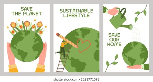 Collection of posters with concept of environmental protection. Save the Earth, plants, forests. Preserve ecology of the planet. Eco-friendly. Sustainable lifestyle. Natural resources. Green energy.