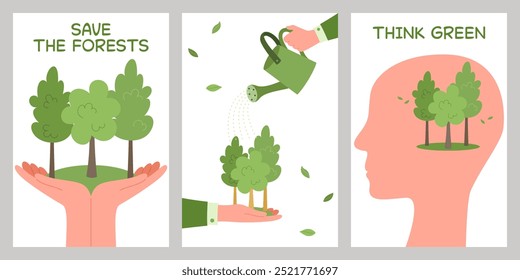 Coleção de cartazes com o conceito de proteção ambiental. Salve a Terra, plantas, florestas. Preservar a ecologia do planeta. Ecologicamente correto. Estilo de vida sustentável. Recursos naturais. Energia verde.