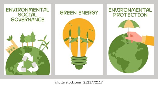 Coleção de cartazes com o conceito de proteção ambiental. Salve a Terra, plantas, florestas. Preservar a ecologia do planeta. Ecologicamente correto. Estilo de vida sustentável. Recursos naturais. Energia verde.