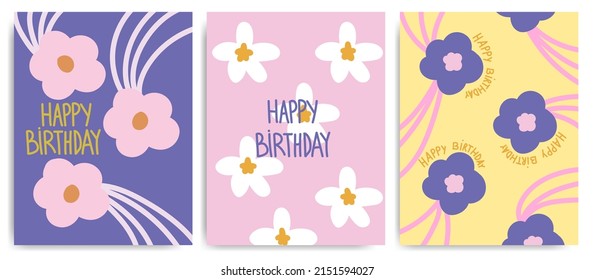 Collection of posters with congratulations on your birthday. cute banner in pastel colors with flowers and botanical elements. vector printable