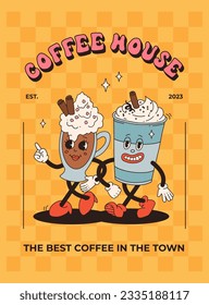 Collection of posters with cute cartoon characters of coffee takeaway and pastries donut, chocolate chip cookie, ice cream and cupcake. Desserts food and drink in retro groovy style