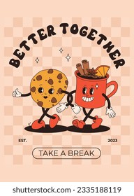 Collection of posters with cute cartoon characters of coffee takeaway and pastries donut, chocolate chip cookie, ice cream and cupcake. Desserts food and drink in retro groovy style