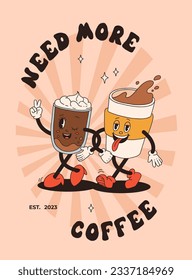 Colección de afiches con adorables personajes de dibujos animados de la toma de café y bollería donut, galleta de chocolate, helado y quequitos. Los postres, comida y bebida en un estilo retro groovy