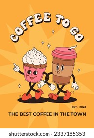 Collection of posters with cute cartoon characters of coffee takeaway and pastries donut, chocolate chip cookie, ice cream and cupcake. Desserts food and drink in retro groovy style
