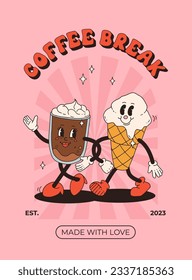 Collection of posters with cute cartoon characters of coffee takeaway and pastries donut, chocolate chip cookie, ice cream and cupcake. Desserts food and drink in retro groovy style