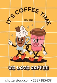 Collection of posters with cute cartoon characters of coffee takeaway and pastries donut, chocolate chip cookie, ice cream and cupcake. Desserts food and drink in retro groovy style