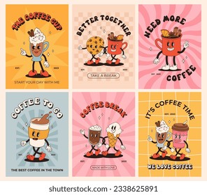 Colección de afiches con adorables personajes de dibujos animados de la toma de café y bollería donut, galleta de chocolate, helado y quequitos. Los postres, comida y bebida en un estilo retro groovy