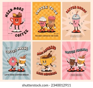 Collection of posters with cute cartoon characters of coffee takeaway and pastries donut, chocolate chip cookie, ice cream and cupcake. Desserts food and drink in retro groovy style