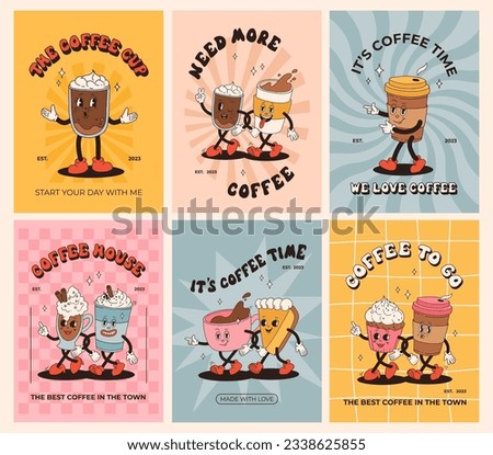 Collection of posters with cute cartoon characters of coffee takeaway and pastries donut, chocolate chip cookie, ice cream and cupcake. Desserts food and drink in retro groovy style