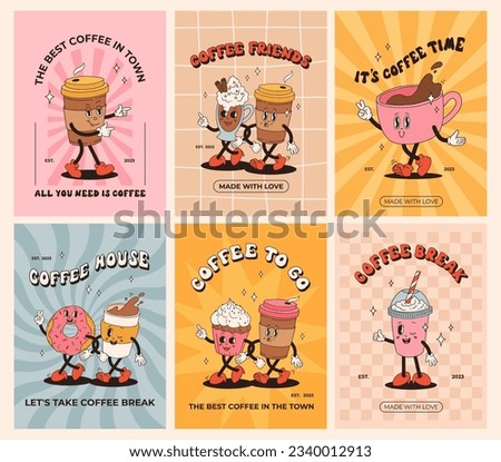 Collection of posters with cute cartoon characters of coffee takeaway and pastries donut, chocolate chip cookie, ice cream and cupcake. Desserts food and drink in retro groovy style