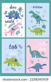 Collection of posters with cute dinosaurs. Vector graphics.