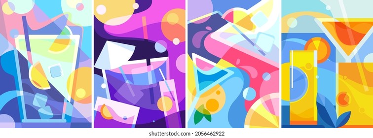 Collection of posters with different cocktails. Placard designs in abstract style.