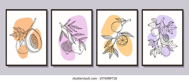 Collection of posters with different fruits. Papaya, pomegranate, orange, passion fruit. Vector illustration in engraving style.