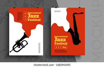 Collection of posters, posters and flyers for the festival of jazz music, concert, events with musical instruments. Design for business banner, mobile app, social network, cards, invitations, gift car