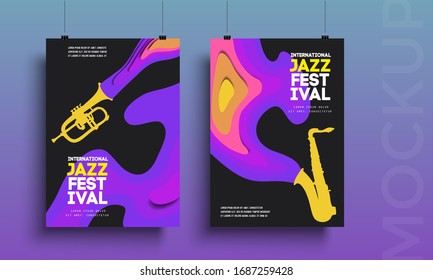 Collection of posters, posters and flyers for the festival of jazz music, concert, events with musical instruments. Design for business banner, mobile app, social network, cards, invitations, gift car