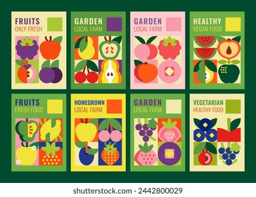 Colección de carteles con frutas. Ilustraciones de productos orgánicos frescos.
Ideal para publicidad, promoción de una alimentación saludable, eventos de cocina o inspirar un estilo de vida respetuoso con el medio ambiente.