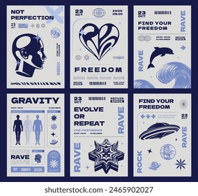 A collection of posters inspired by the y2k era with a minimalist and futuristic design. The cover templates have the aesthetic of creativity from the 70s.