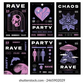 Una colección de carteles inspirados en la era y2k, con un diseño minimalista y futurista. Plantillas del partido Vector al estilo del brutalismo.