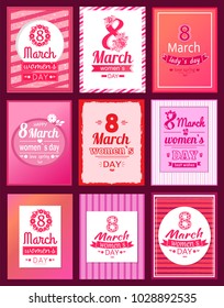 Collection of posters invitation templates eight made of flowers, best wishes on International women's day vector illustration greeting cards design. 8 March holiday