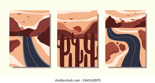 Collection of posters with a landscape. Modern Art. Mountains, sunset, cacti. Vector illustration.