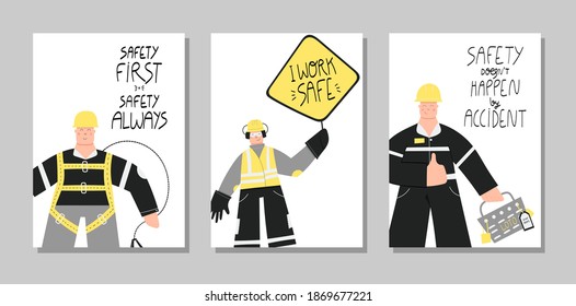 Collection of posters with lettering about health and safety on production and construction industries. Set of posters-safety first, stay safe, live safe, think twice. Safety first quotes and concept