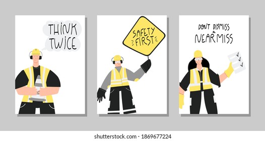 Collection of posters with lettering about health and safety on production and construction industries. Set of posters-safety first, stay safe, live safe, think twice. Safety first quotes and concept