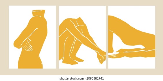 Collection posters in Matisse style with naked woman body in yellow color. Abstract female silhouette. Mid Century collection design posters for home decor. Printable wallpaper. Covers art. 