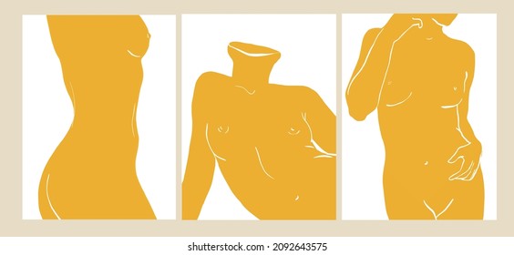Collection posters in Matisse style with naked woman body in yellow color. Abstract female silhouette. Mid Century collection design posters for home decor. Printable wallpaper. Covers art. 