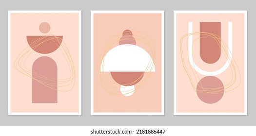 Collection of posters. Minimalism style. With a modern boho style design. Cubism. Composition of simple figures. Design for drawing, logo, posters, invitations, greeting cards. Abstraction.