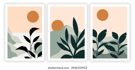 Sammlung von Poster mit Berglandschaft. Minimalistische Kunst mit Blättern, Sonne und Hügeln. Farbige Vorlagen zum Drucken und Dekorieren von Wänden. Cartoon-Flachvektor-Set einzeln auf weißem Hintergrund