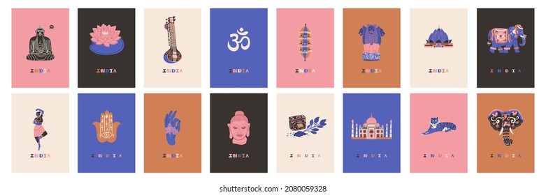 Collection Posters with national Indian elements and Sights mehendi, Buddha, festival elephant, sitar, paper lanterns, Taj Mahal, tea, lotus, Hamsa hand. Flat style Vector illustration.