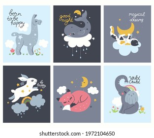 Collection of posters for the nursery with animals. Vector graphics.