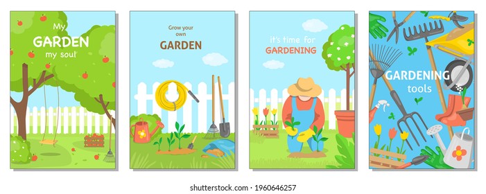 Collection of posters on the theme of gardening. Garden tools, back yard, and plants. Colorful vector illustrations.