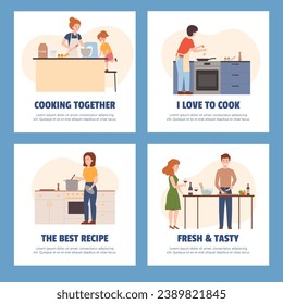 Collection posters of people cooking at home. Cartoon man and woman preparing food. Family enjoying cooking together vector set. Mom and child at kitchen preparing food for dinner, bake cake.
